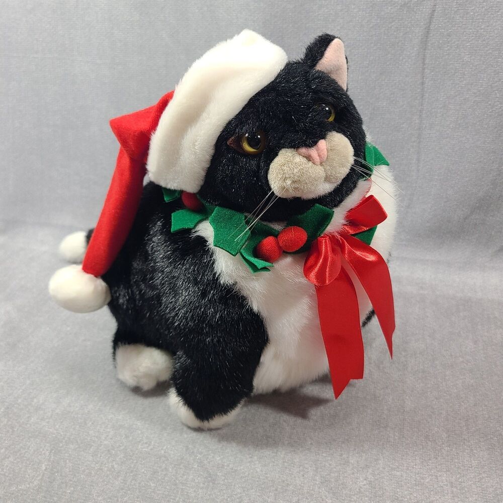 Dakin Applause Big Daddy Fat Tuxedo Cat Plush Santa Hat Christmas Holiday Bow